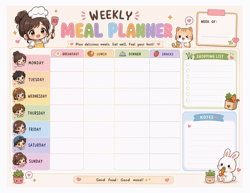 Chibi Meal Planner Printable, Seven Days With Shopping List