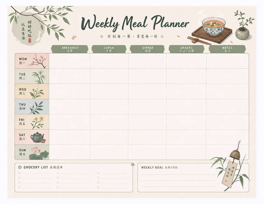 Chinese Style Meal Planner Printable, Botanicals and Bilingual Labels
