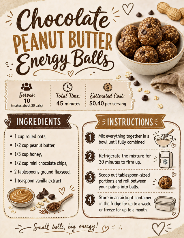 Chocolate Peanut Butter Energy Balls Recipe Card, 40 Cents a Serving