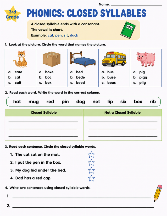 Closed Syllables Worksheet for 3rd Grade Phonics Practice