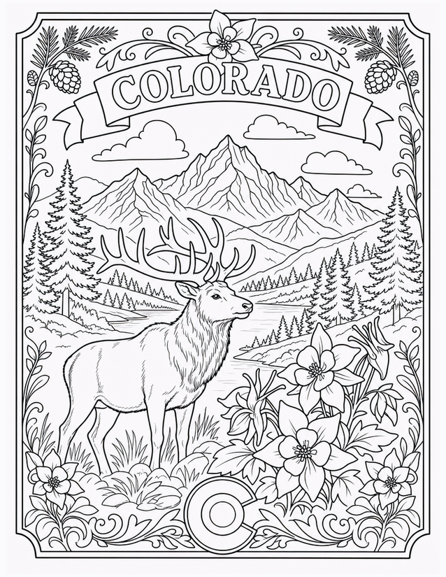Colorado Coloring Page, Elk and Rocky Mountain Peaks