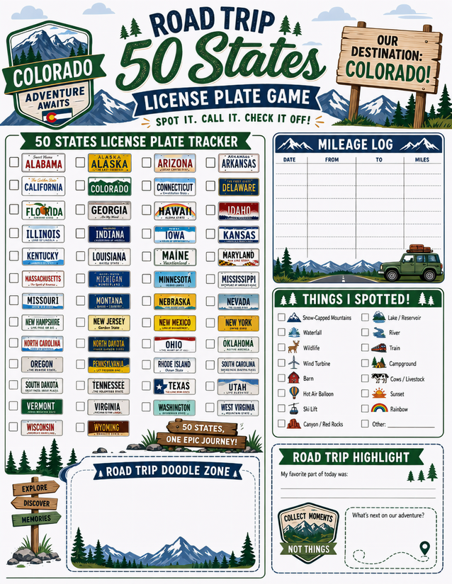 Colorado Road Trip License Plate Game, Five Sections One Sheet