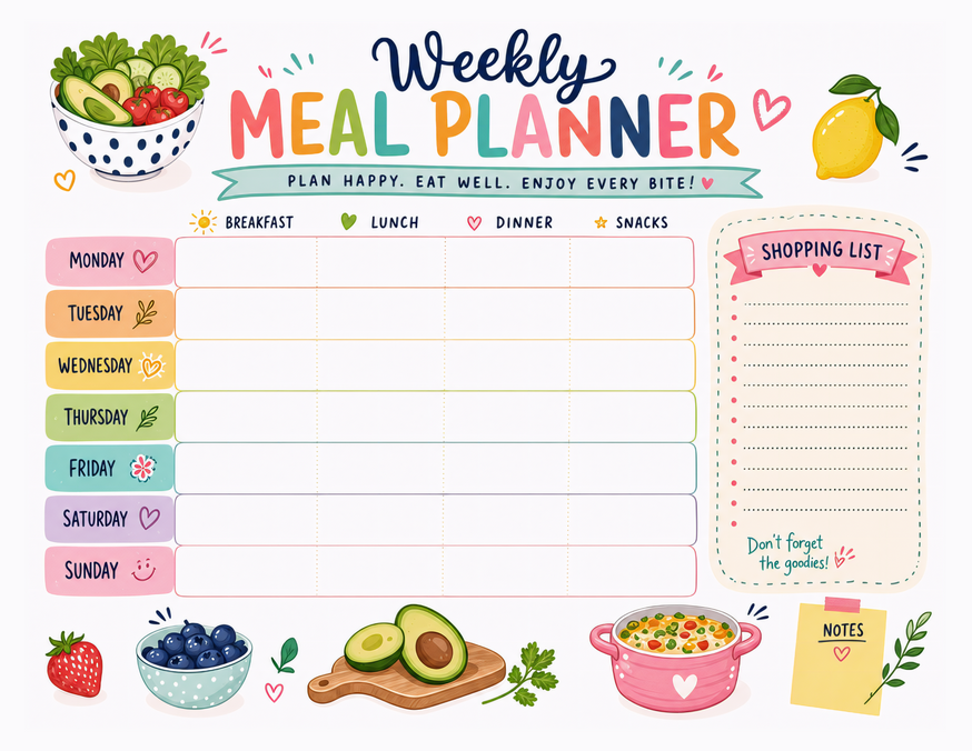 Colorful Weekly Meal Planner Printable, Shopping List and Notes Included