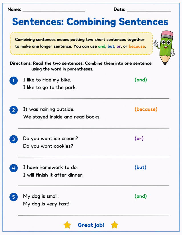 Combining Sentences Worksheet, Conjunctions and, but, or, because