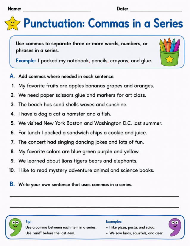 Commas in a Series Worksheet, Ten Practice Sentences