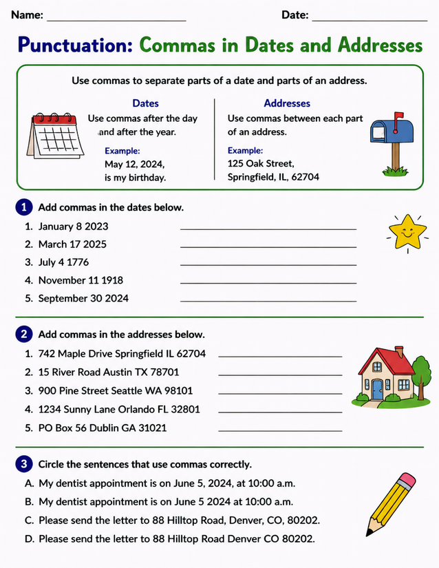 Commas in Dates and Addresses Worksheet, Three Practice Sections