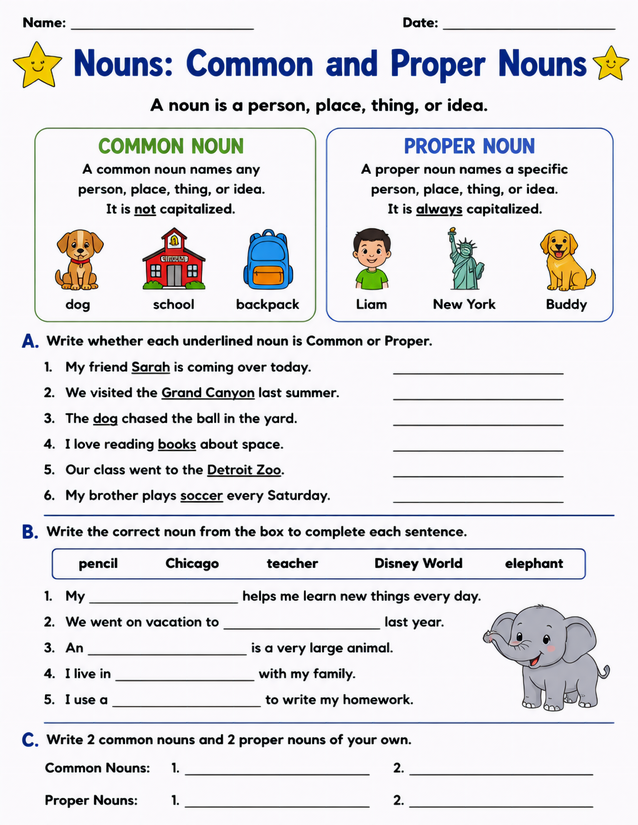 Common and Proper Nouns Worksheet, Three Activity Sections
