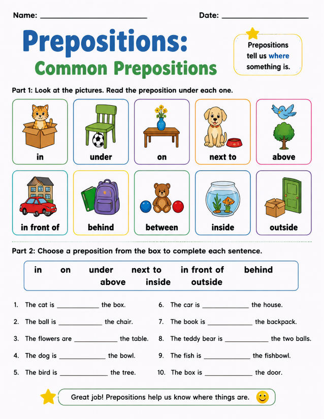Common Prepositions Worksheet, Illustrated Picture Reference