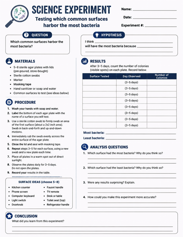 Common Surfaces Harbor the Most Bacteria Lab Sheet