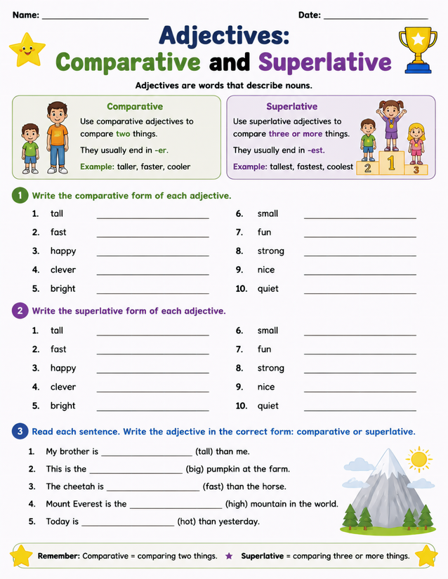 Comparative and Superlative Adjectives Worksheet, Three Exercises