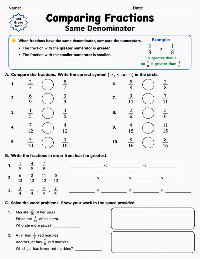 Comparing Fractions Same Denominator, 3rd Grade Worksheet