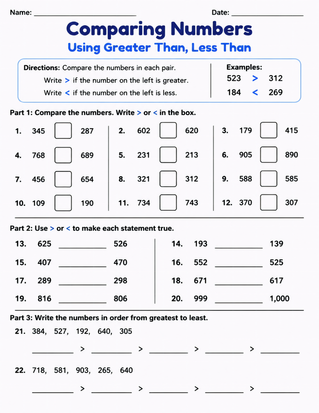 Comparing Numbers Using Greater Than Less Than Worksheet