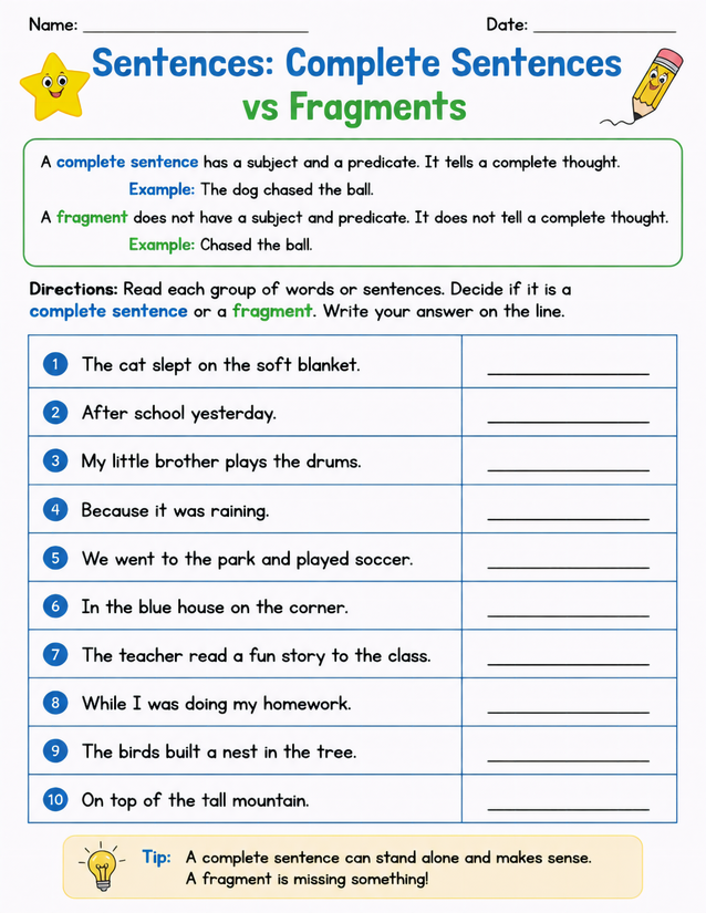 Complete Sentences vs Fragments Worksheet, 10 Practice Items