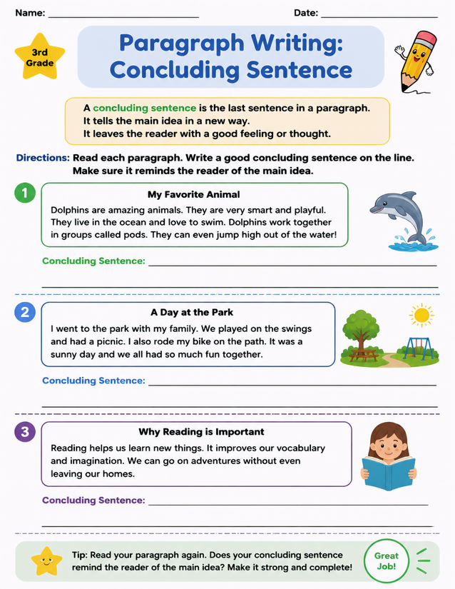 Concluding Sentence Worksheet, 3rd Grade Paragraph Writing