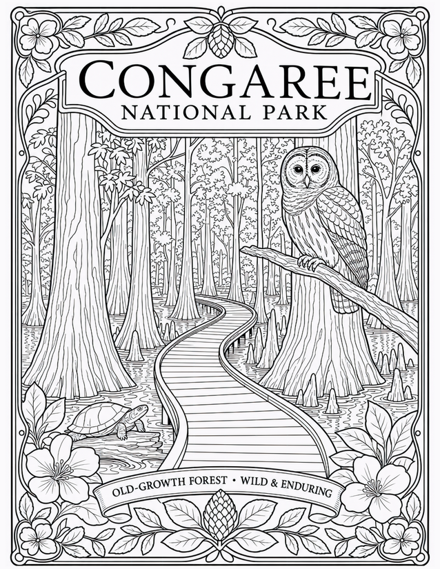 Congaree National Park Coloring Page, Barred Owl and Boardwalk