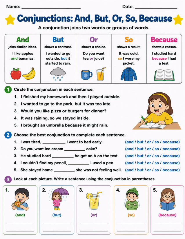Conjunctions Worksheet And But Or So Because