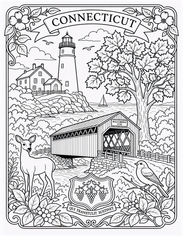 Connecticut Coloring Page, Bulls Bridge and Lighthouse Scene