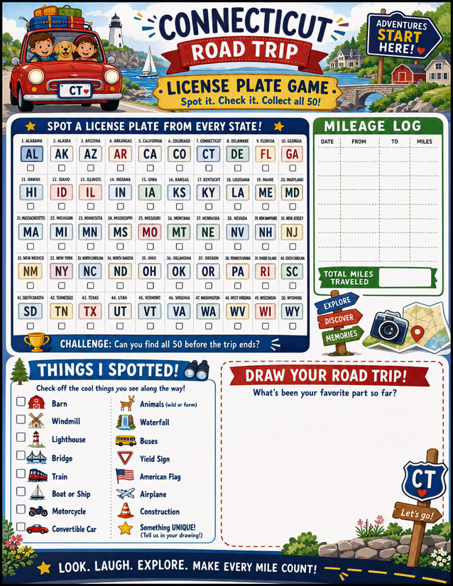 Connecticut License Plate Game Printable, All 50 States Plus Spotter Log