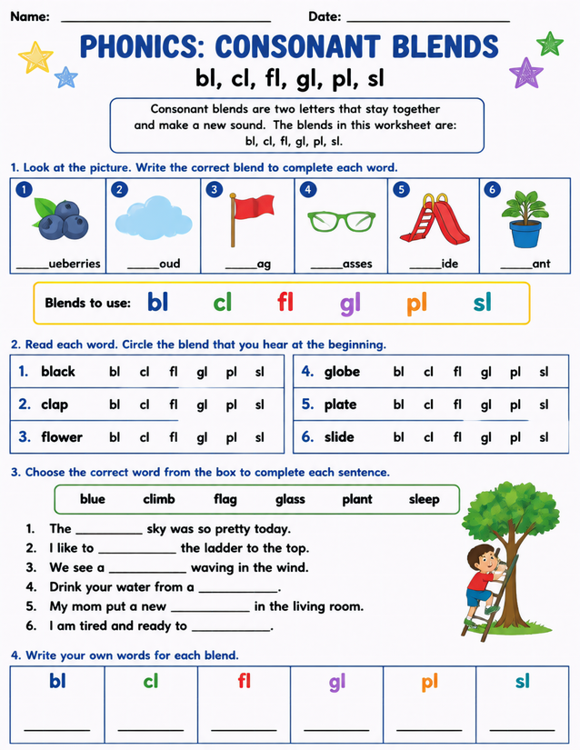 Consonant Blends Worksheet: bl, cl, fl, gl, pl, sl