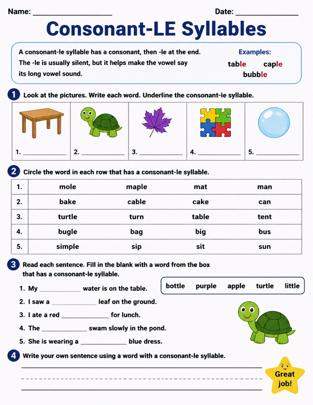 Consonant-LE Syllables Worksheet, Four Activity Sections