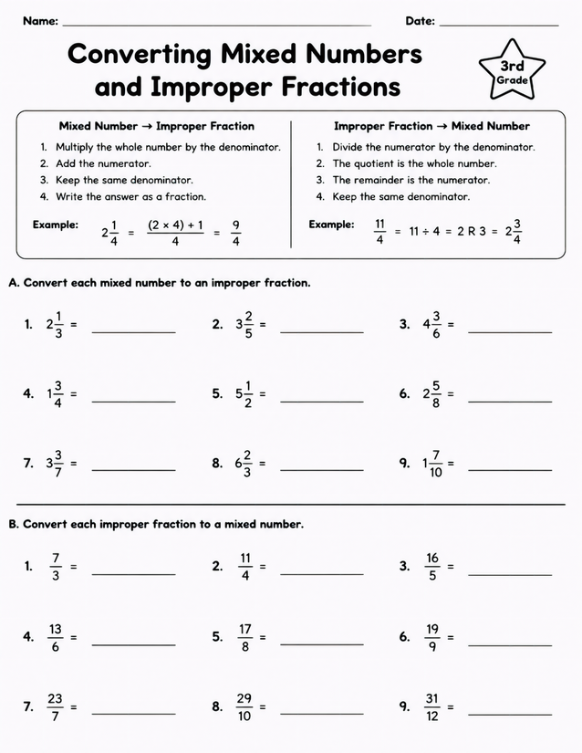 Converting Mixed Numbers and Improper Fractions, 3rd Grade