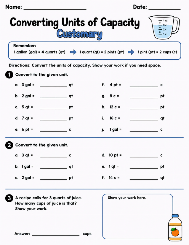 Converting Units of Capacity Customary, Gallons to Cups
