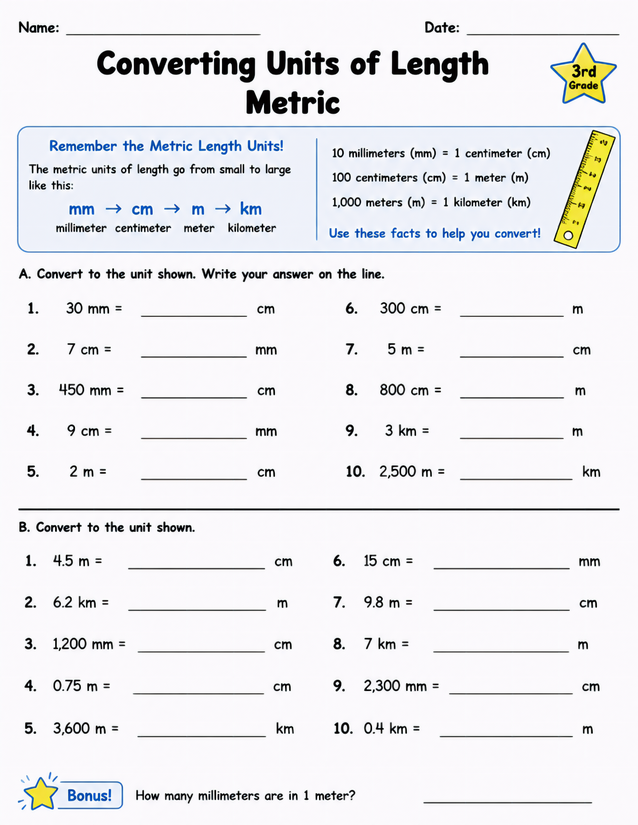 Converting Units of Length Metric, 3rd Grade Worksheet
