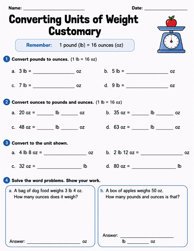 Converting Units of Weight Customary, Pounds and Ounces