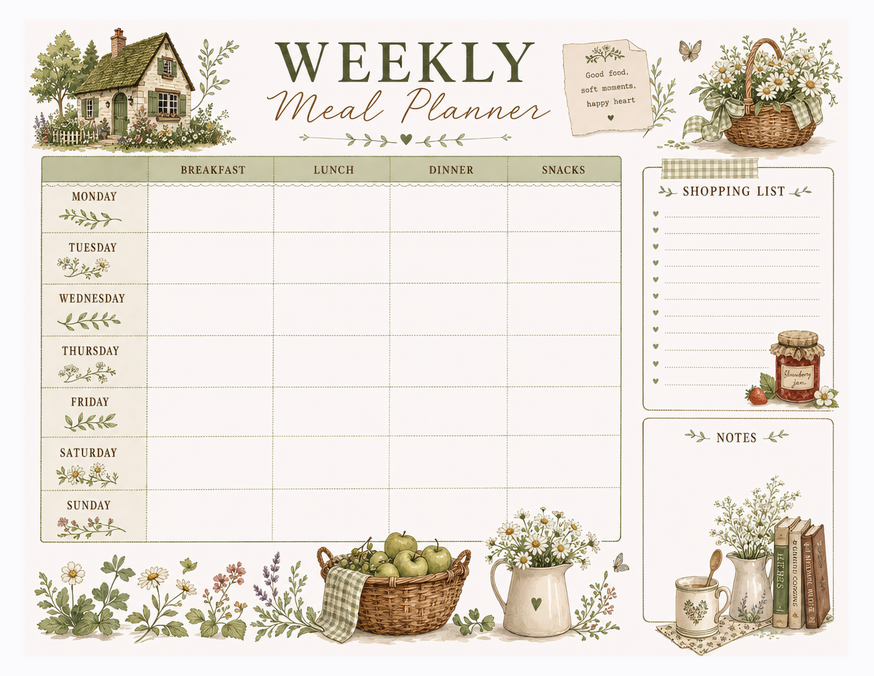 Cottage Meal Planner Printable, Daisy Basket and Jam Jar Illustrations