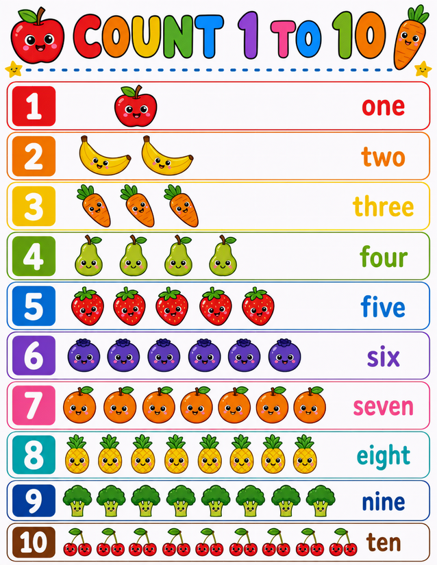 Count 1 to 10 Worksheet, Kawaii Fruits and Vegetables