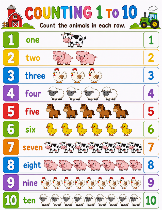 Counting 1 to 10 Worksheet, Farm Animals in Every Row