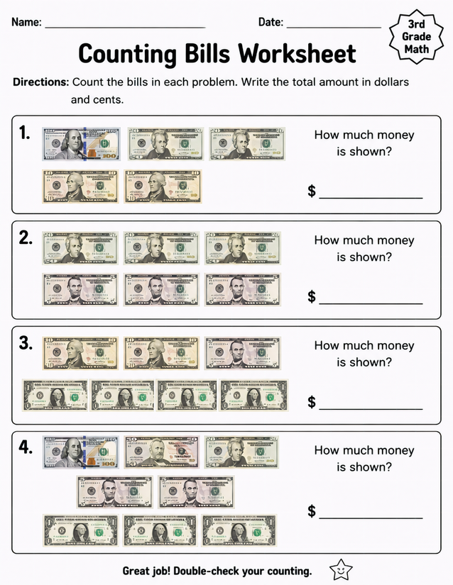 Counting Bills Worksheet, 3rd Grade Math