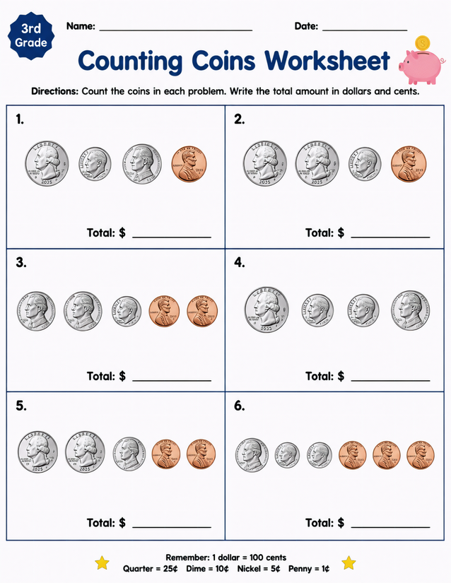 Counting Coins Worksheet, 6 Mixed Coin Problems