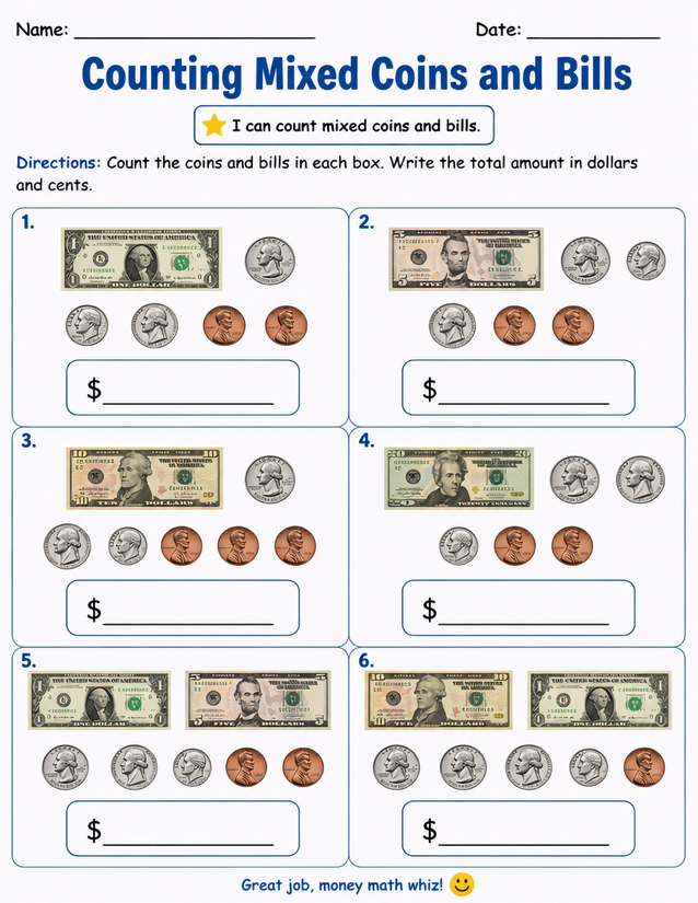 Counting Mixed Coins and Bills Worksheet, Grades 2-3