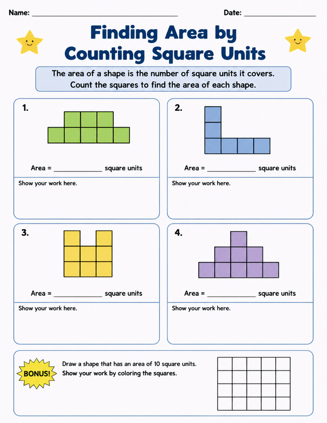 Finding Area by Counting Square Units Worksheet, Grades 2-3