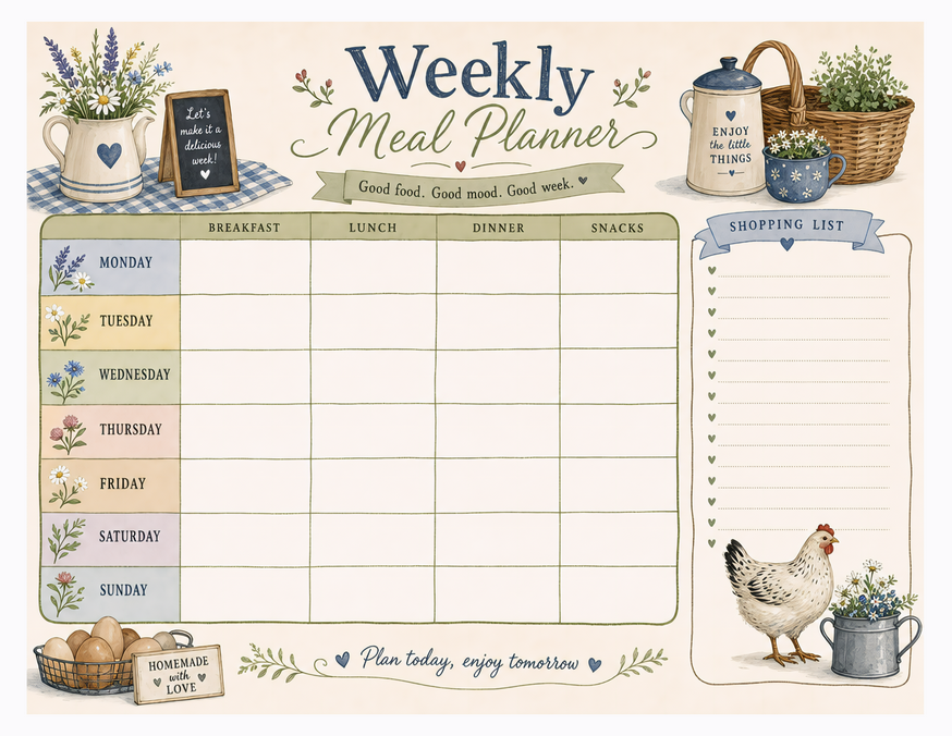 Country Kitchen Meal Planner Printable, Seven Days and Shopping List