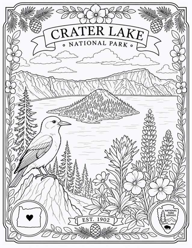 Crater Lake National Park Coloring Page, Clark’s Nutcracker and Wizard Island