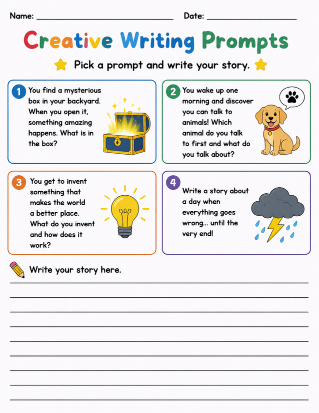 Creative Writing Prompts Worksheet, Four Story Starters