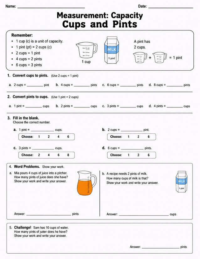 Cups and Pints Worksheet, Converting Capacity Units