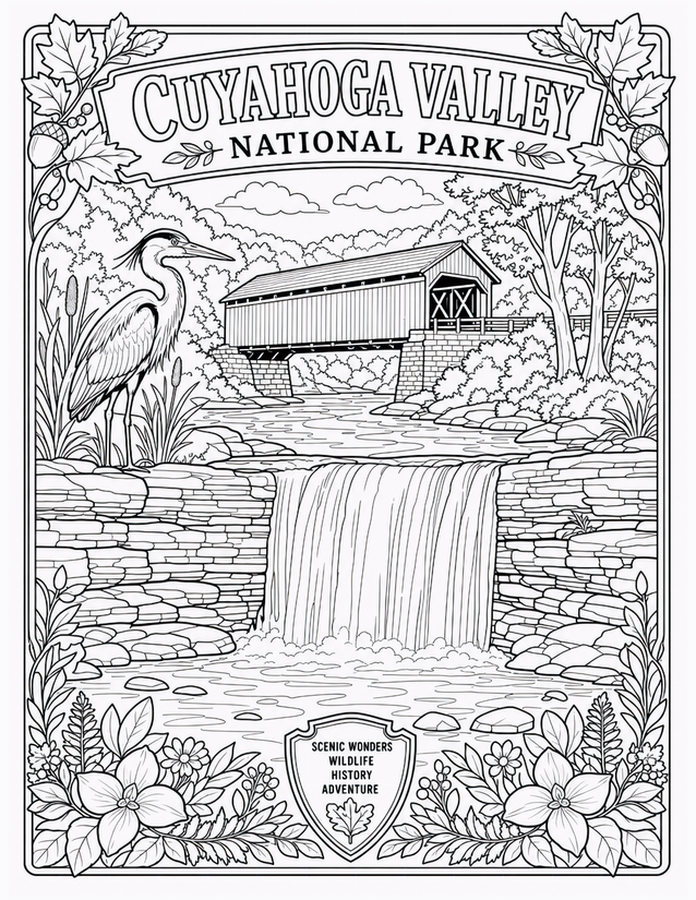 Cuyahoga Valley National Park Coloring Page, Heron and Covered Bridge