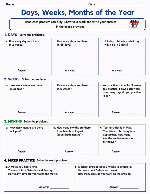 Days Weeks Months of the Year Worksheet, Calendar Math