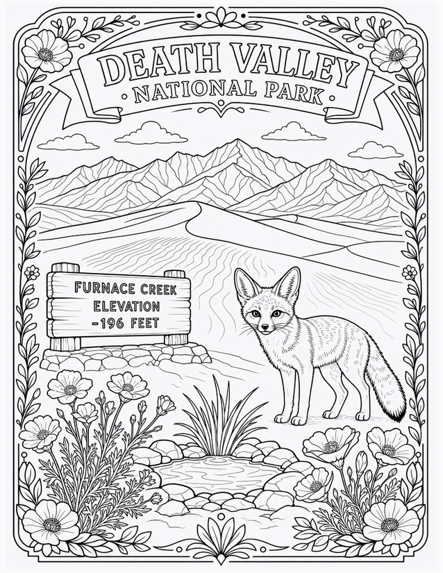 Death Valley National Park Coloring Page, Kit Fox and Furnace Creek Sign