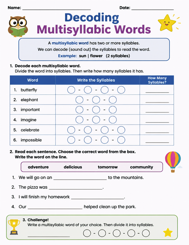 Decoding Multisyllabic Words Worksheet, Owl and Star Theme