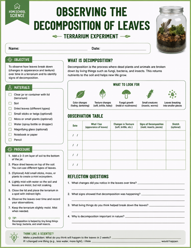 Decomposition of Leaves Terrarium Experiment Lab Sheet