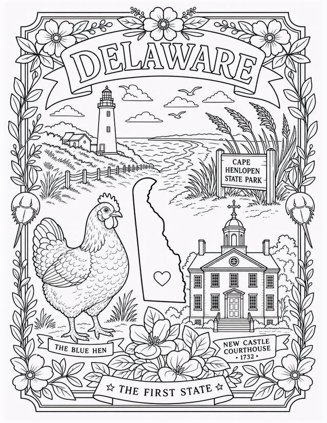 Delaware Coloring Page, Blue Hen and Cape Henlopen Lighthouse
