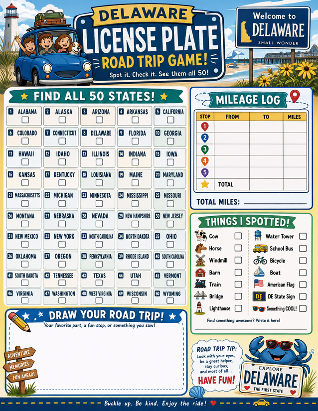 Delaware License Plate Game Printable, All 50 States Plus Spotter Log