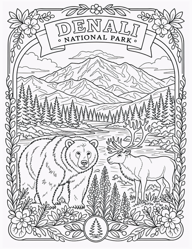 Denali National Park Coloring Page, Bear and Caribou