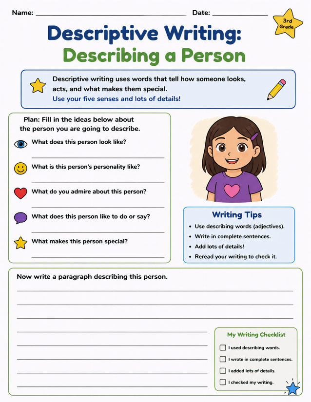 Describing a Person Worksheet, 3rd Grade Planning and Writing