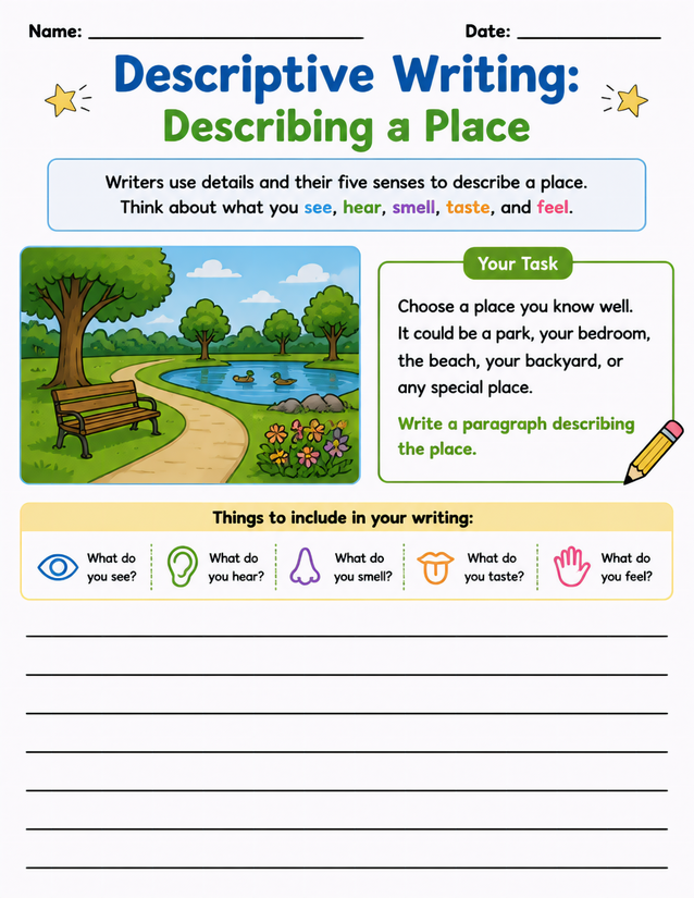Descriptive Writing Describing a Place Worksheet, Five Senses