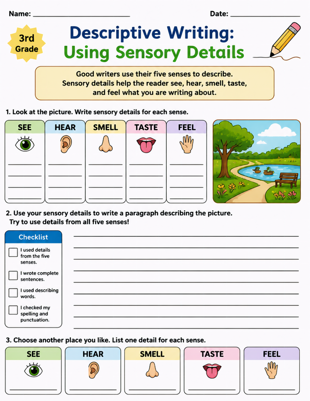 Descriptive Writing Using Sensory Details Worksheet, 3rd Grade